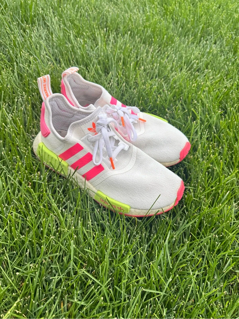 Adidas NMD R1 White Pink Neon Green Sneakers Size 9
